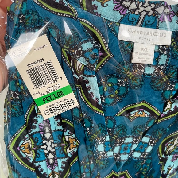 NWT Charter Club Teal V-Neck Button Up Tuxedo Pleated Blouse Tunic Large Petite - Picture 14 of 16